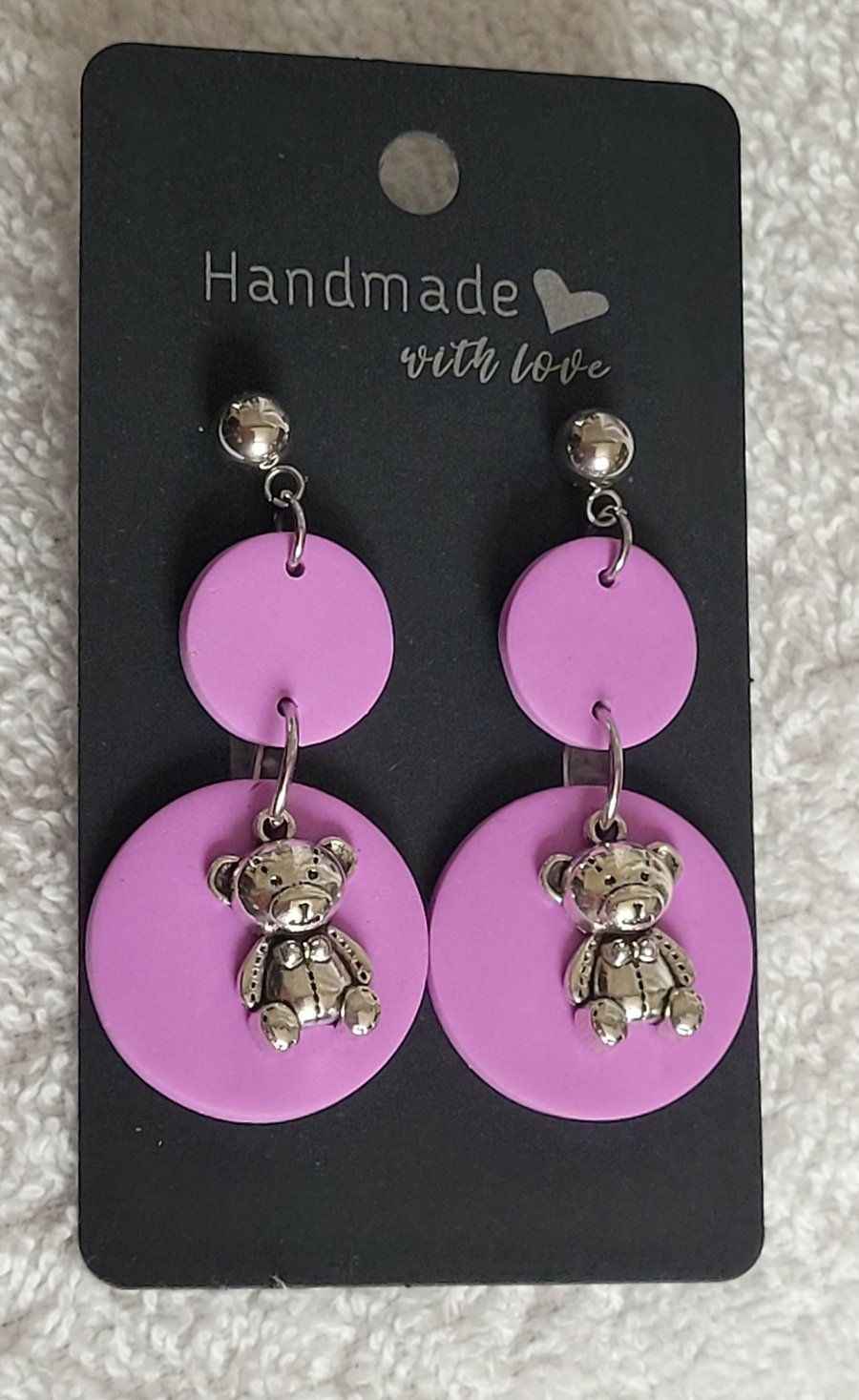 Handmade Polymer Clay Purple and Teddy Bear Earrings, 316 Stainless Steel