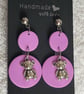Handmade Polymer Clay Purple and Teddy Bear Earrings, 316 Stainless Steel - Image 1