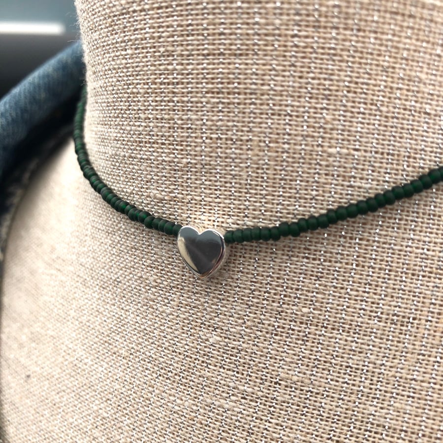 Dark green seed bead choker with sterling silver heart.