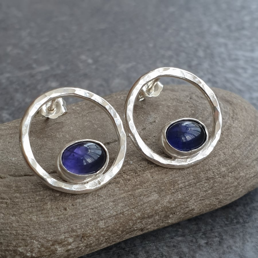 Iolite stud earrings, Front facing hoops, September birthstone, Water sapphire