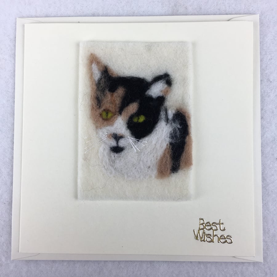 Needle felted tortoiseshell cat ACEO picture card, best wishes, removable ACEO