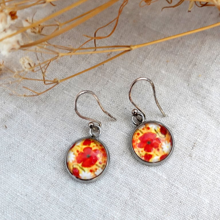 Poppy Dangle Earrings with Sterling Silver Ear Wire, Red Flowers Jewellery, Art 
