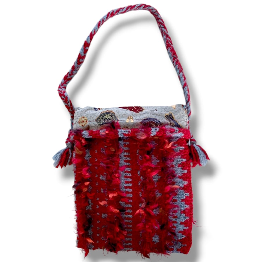 Destash Item - Handknitted Lined Red and Turquoise Bag