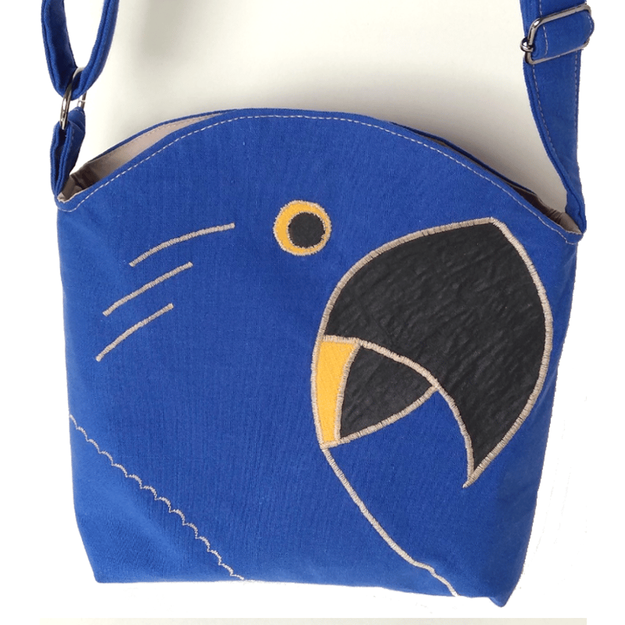Blue crossbody bag inspired by Hyacinth Macaws