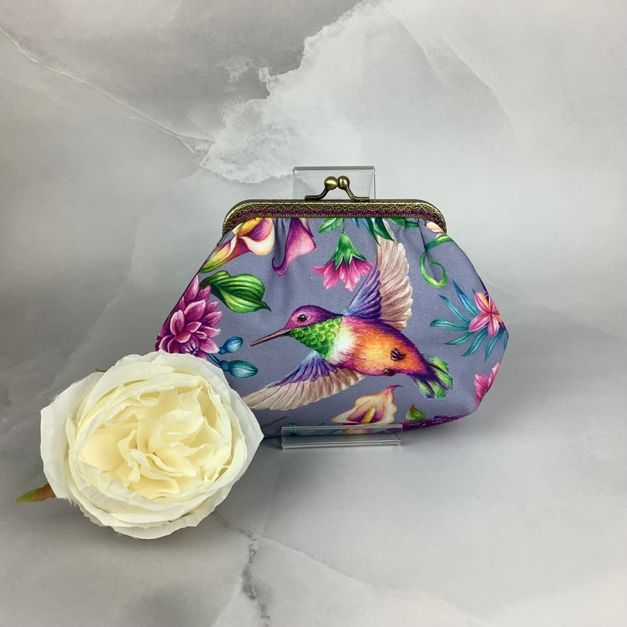 Hummingbirds frame clutch bag, Makeup bag, Optional chain, Handmade