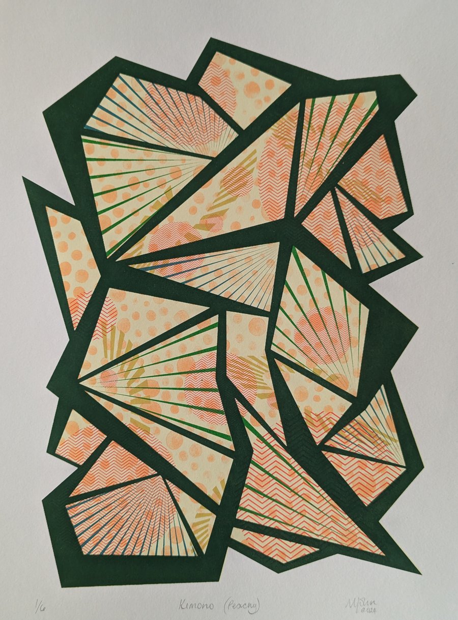 Screenprint of an abstract geometric pattern inspired by a kimono