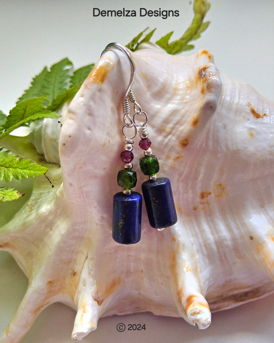 Designer Lapis Lazuli, Chrome Diopside & Garnet Sterling Silver Earrings