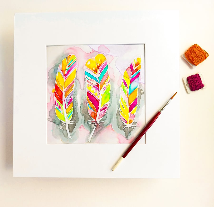 Bright Coloured FEATHERS an original Silk PAINTING