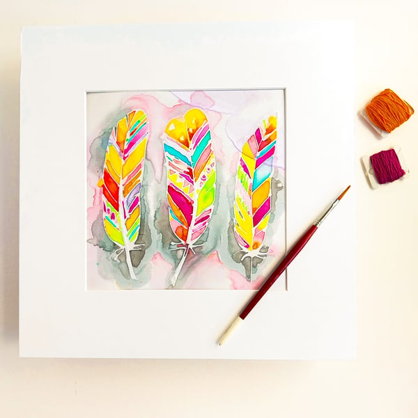 Bright Coloured FEATHERS an original Silk PAINTING