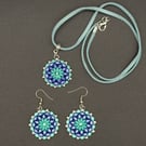 Silver Plated Teal and Navy Blue Glass Bead Pendant and Earrings Set