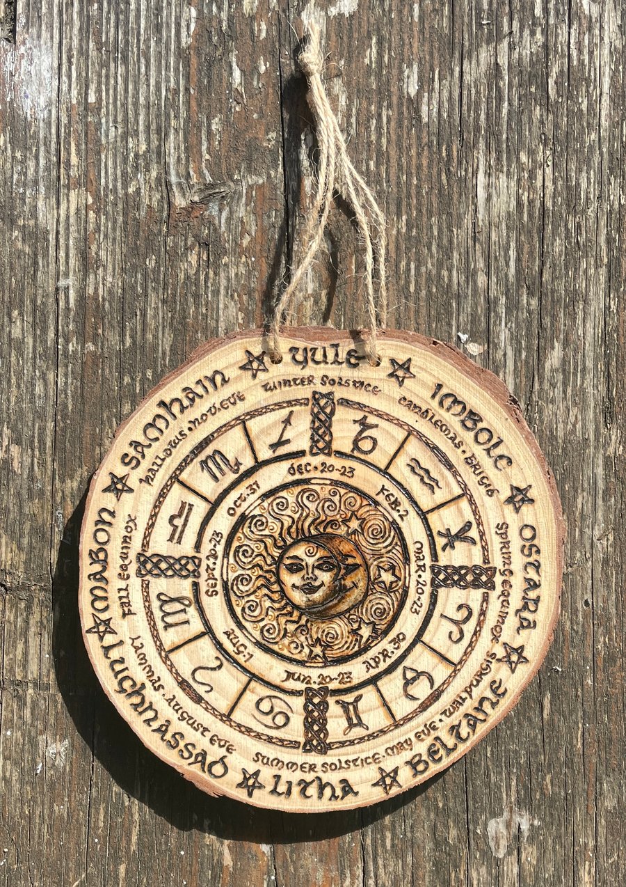 15cm Sun & Moon Wood-Burned Wheel of The Year Wall Art
