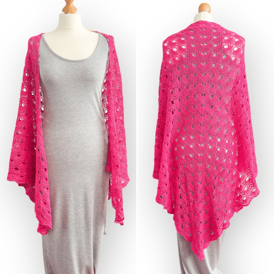 Fuchsia Pink Cotton Crochet Shawl – Lightweight with Heirloom Charm