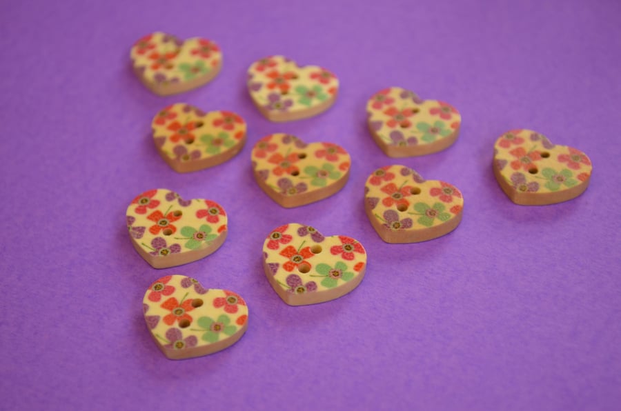 Small Natural Wooden Heart Buttons Floral Red Purple Aqua 10pk 18x15mm (NH3)