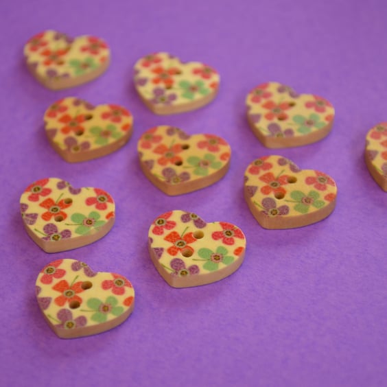 Small Natural Wooden Heart Buttons Floral Red Purple Aqua 10pk 18x15mm (NH3)