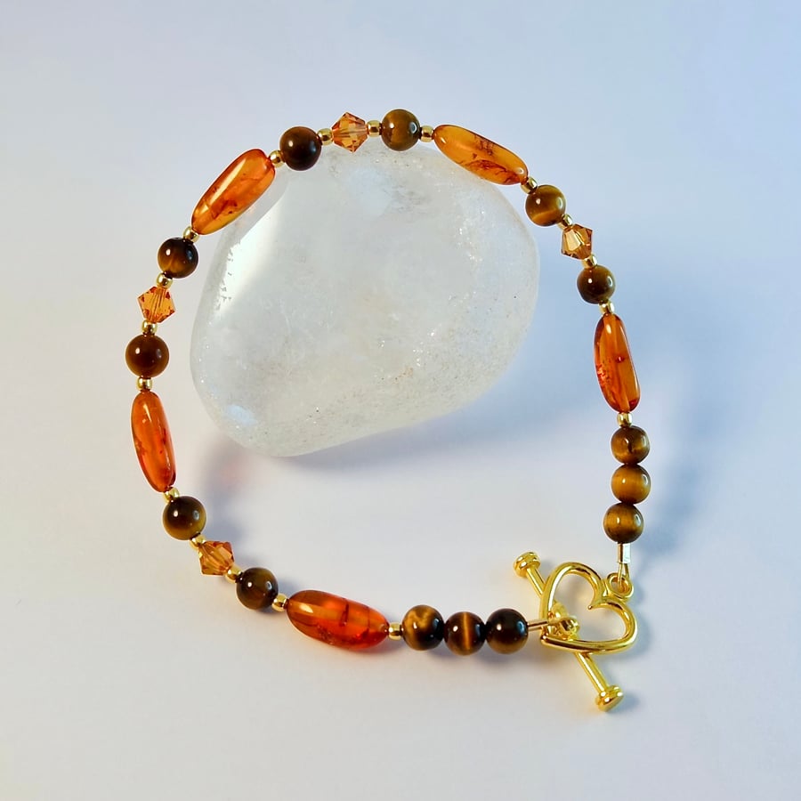 Amber, Tiger Eye & Crystal Bracelet, Birthday, Anniversary, Gift For Her