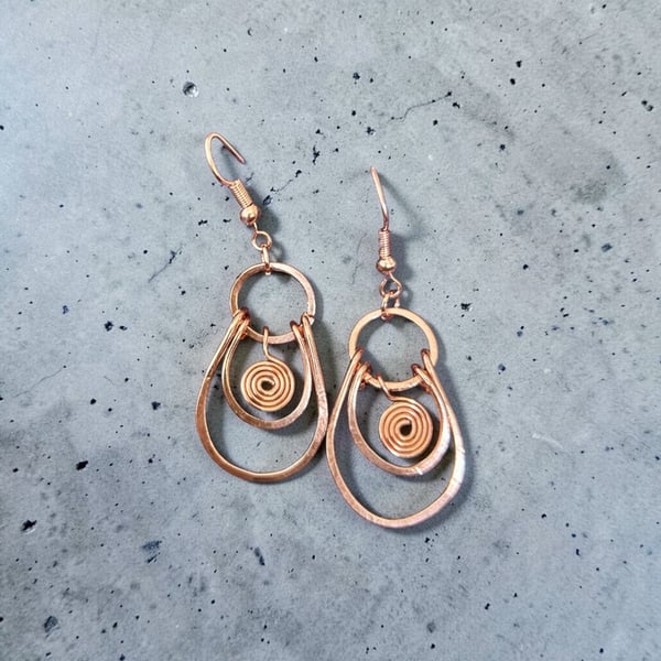 Spiral Dangle Earrings, Solid Copper, Boho, Spiritual, Ethnic