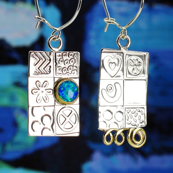 Handmade Blue Opal earrings, asymmetrical sterling silver with a gemstone choice