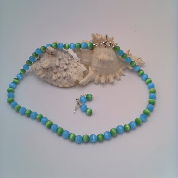 Green and Blue Cats Eye Bead Necklace and Earrings, Gift for Her, Gift Set