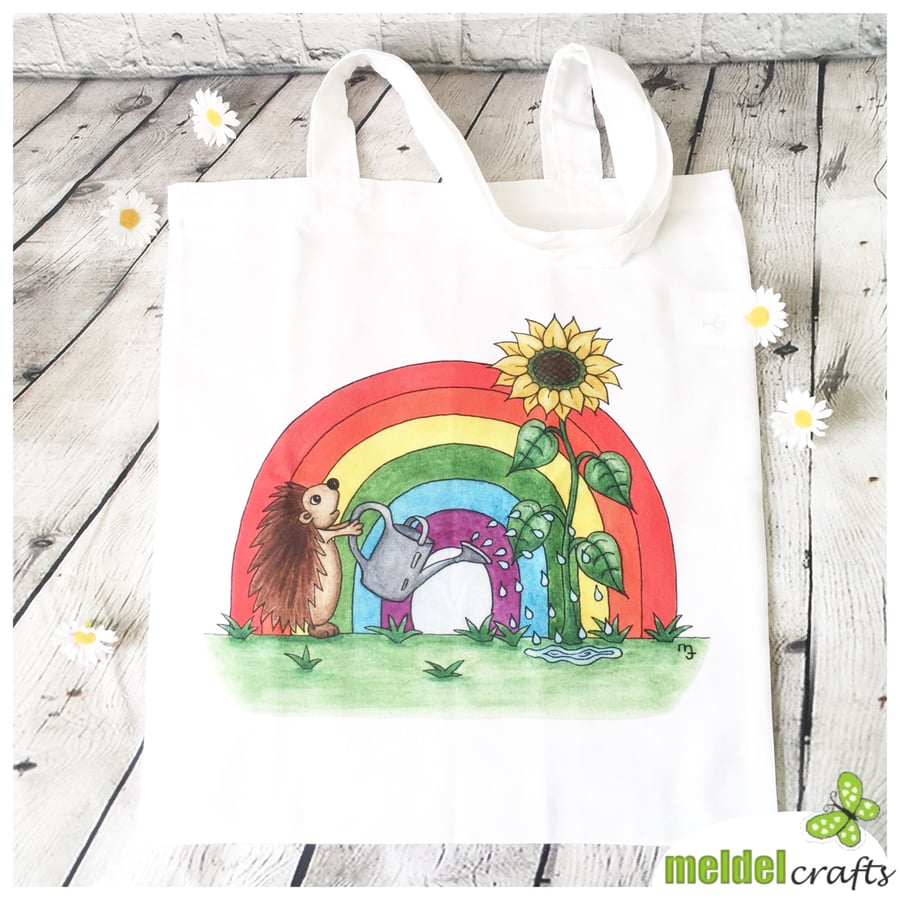 Hedgehog with Sunflower & Rainbow Tote Bag - Eco Friendly Tote Bag - Craft Bag