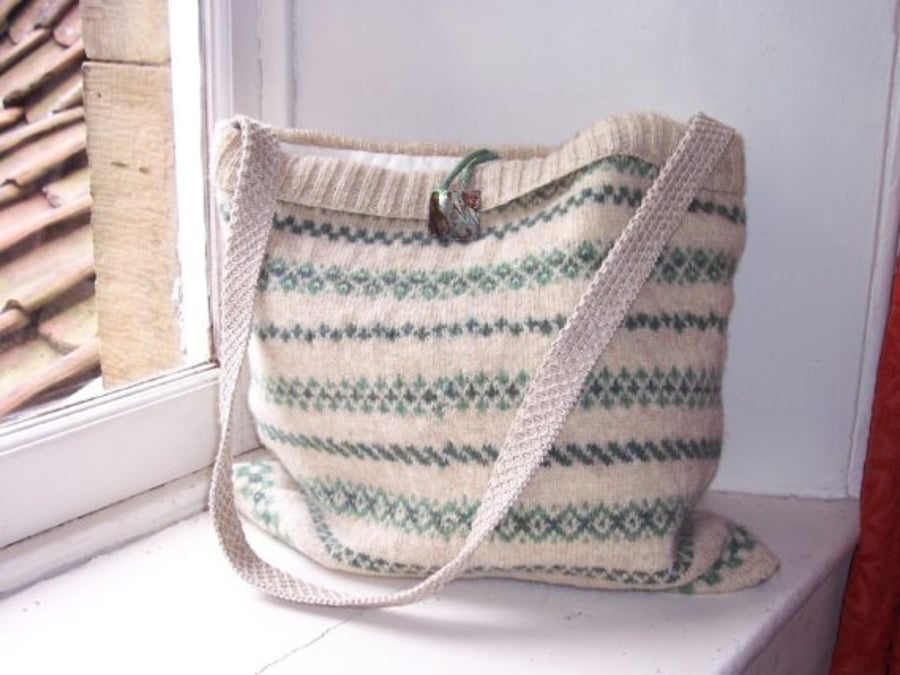 Hand knitted, pure lambswool, shoulder bag in fairisle pattern