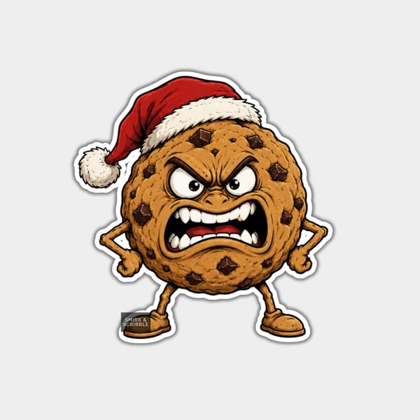 Unique Funny Christmas Sticker Xmas Decal - Angry Cookie In Santa Hat