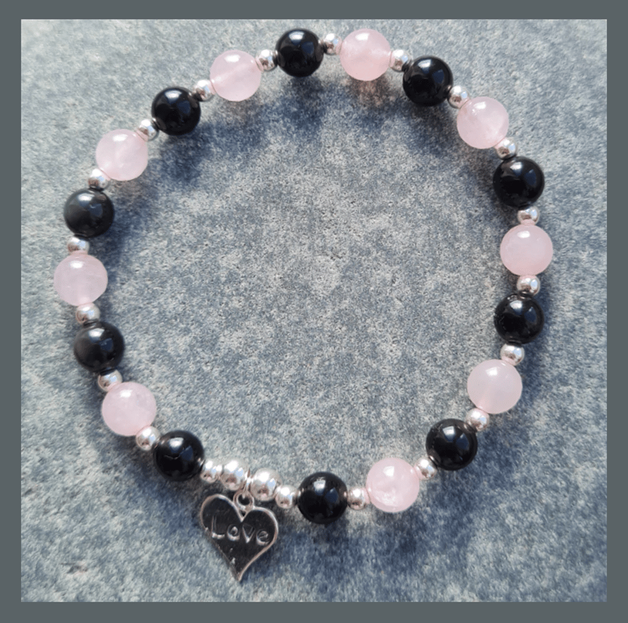 Rose Quartz and Black Obsidian sterling silver 'Love' heart charm bracelet