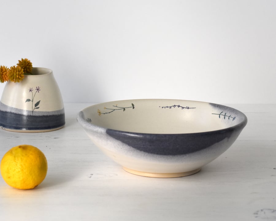 Ceramic serving bowl with flowers - handmade stoneware pottery