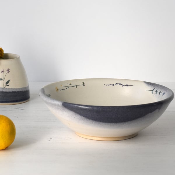 Ceramic serving bowl with flowers - handmade stoneware pottery