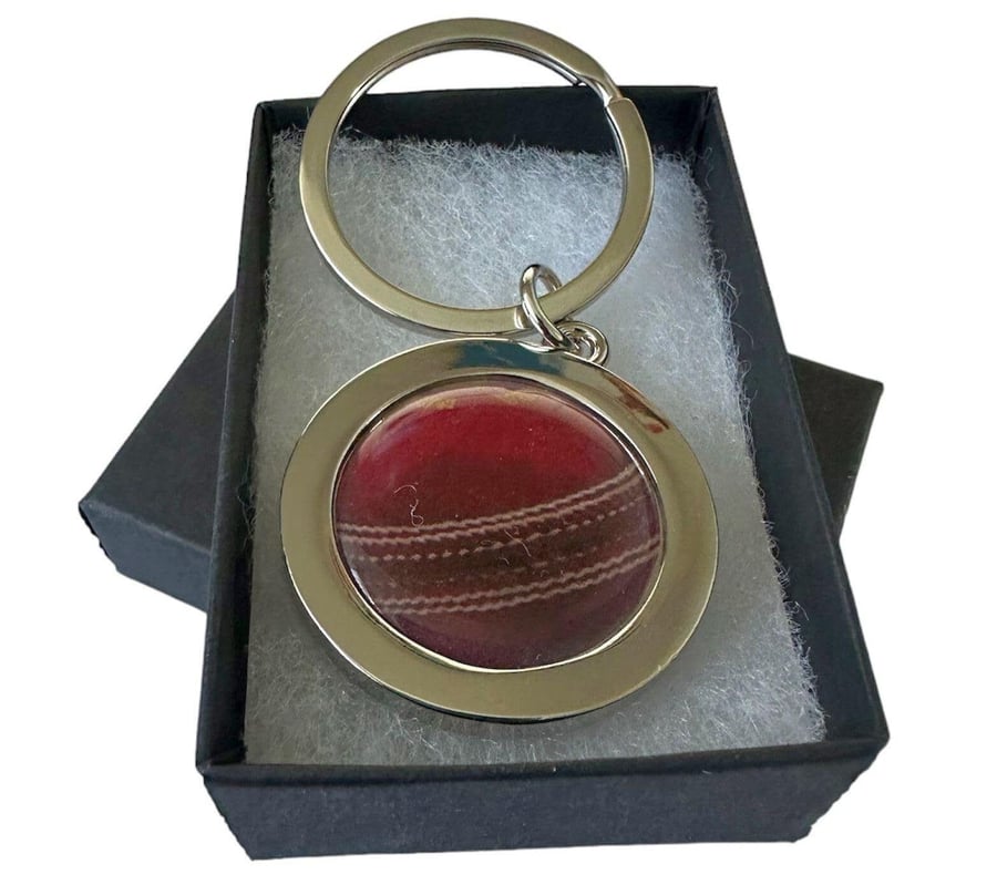 Handmade silver plated cricket inspired cricket ball keyring