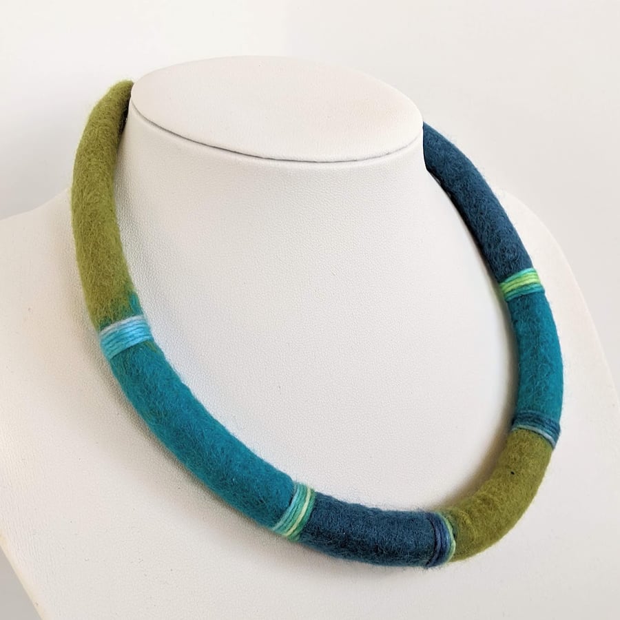 Felted cord necklace - shades of olive, blue and peacock green
