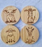 Burned wood coasters with farm animal theme