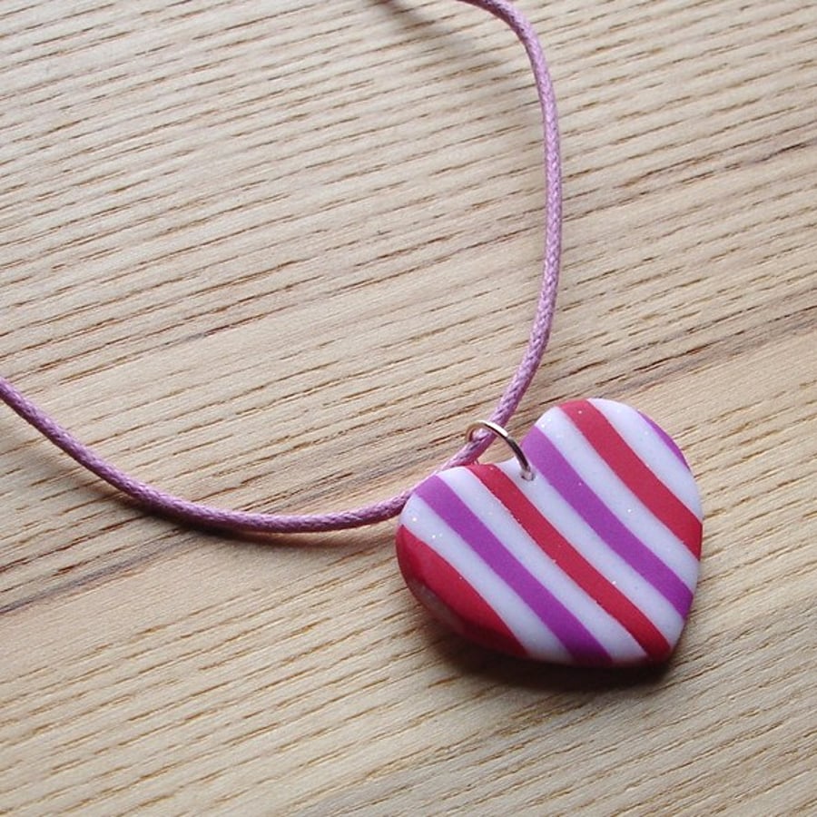 Raspberry Stripe Heart FIMO Polymer Clay Pendant