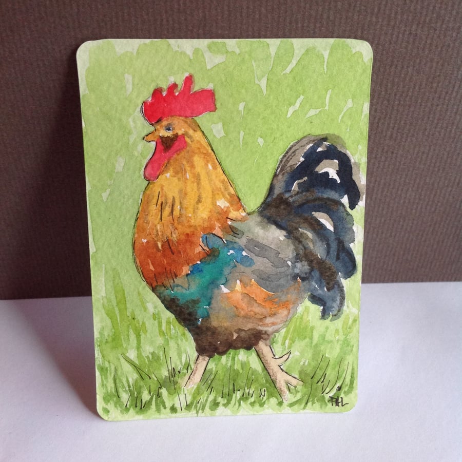 'Rooster' original watercolour ACEO 
