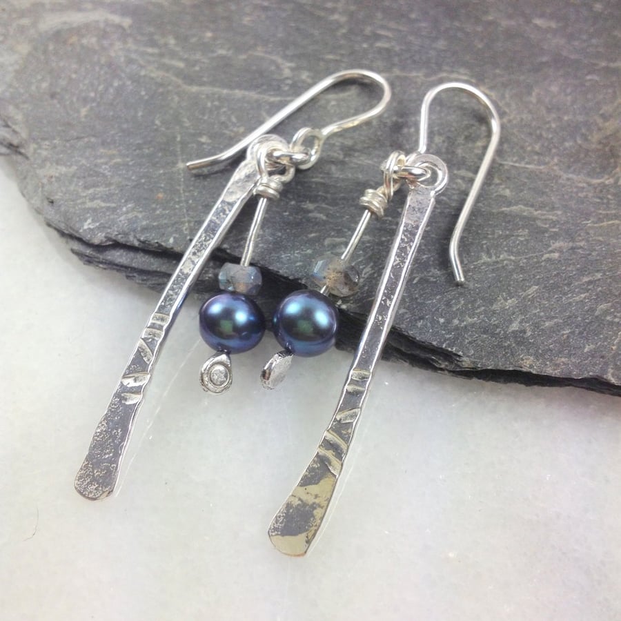 Silver labradorite and peacock pearl long dangly earrings