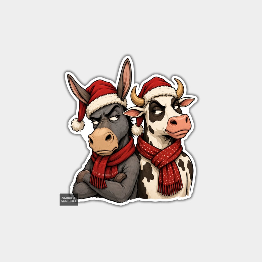 Image of Unique Funny Christmas Sticker Xmas Decal For Adults - Grumpy Cow & Donkey