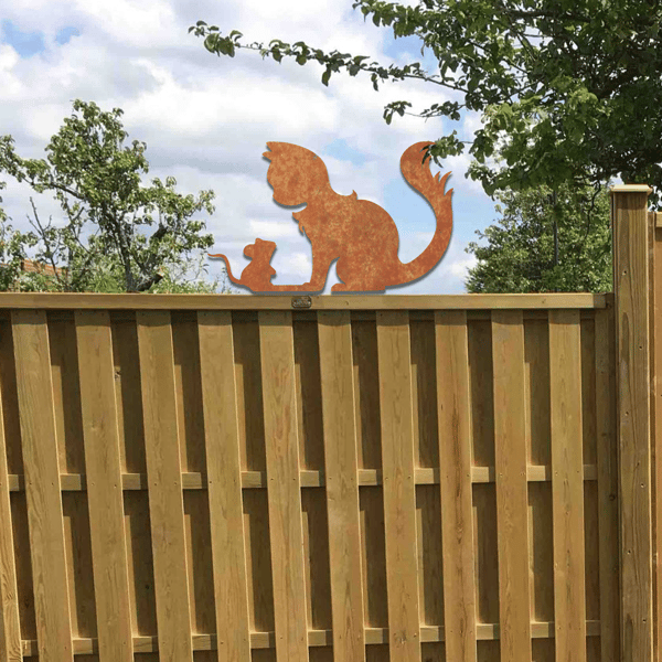 Metal Rusty Cat and Mouse Fence Topper: Unique Gift Idea for Cat Lovers