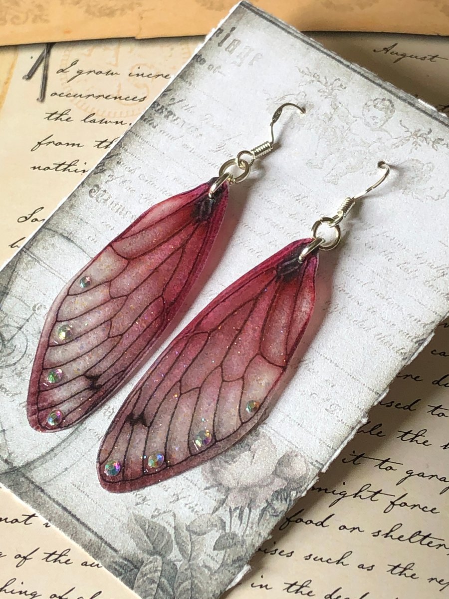Dark Pink Aurora Borealis Fairy Wing Sterling Silver Earrings