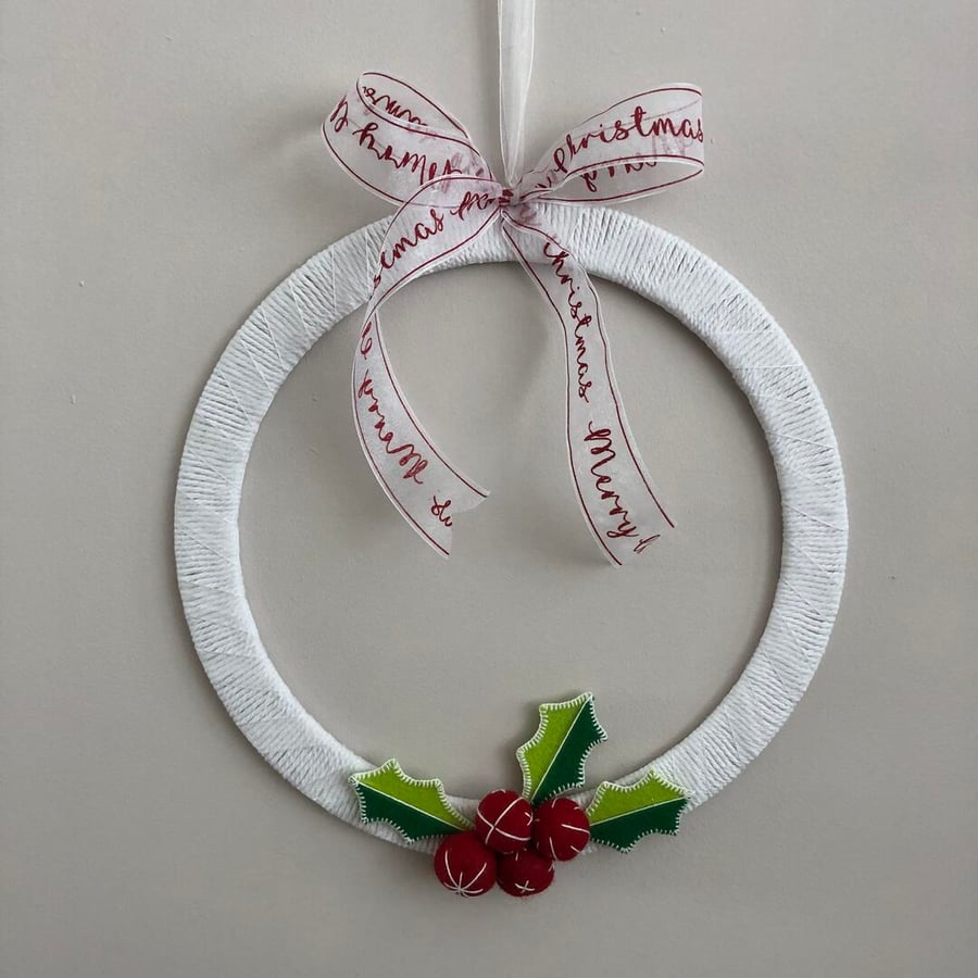 Handstitched felt holly berry Merry Christmas wreath, indoor use