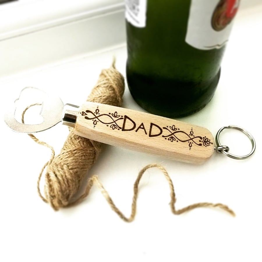 Dad Pattern Design Wooden Bottle Opener, Personalised with Pyrography