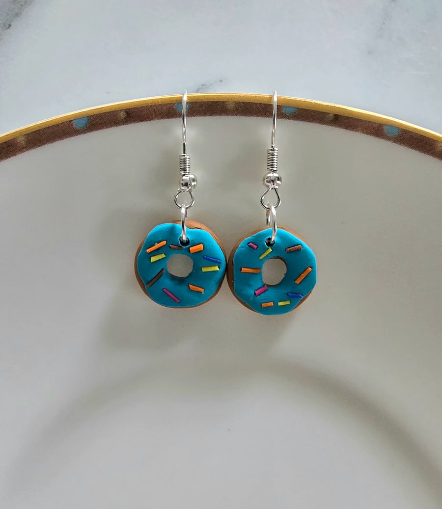 Handmade polymer clay teal sprinkle donut silver plated earrings