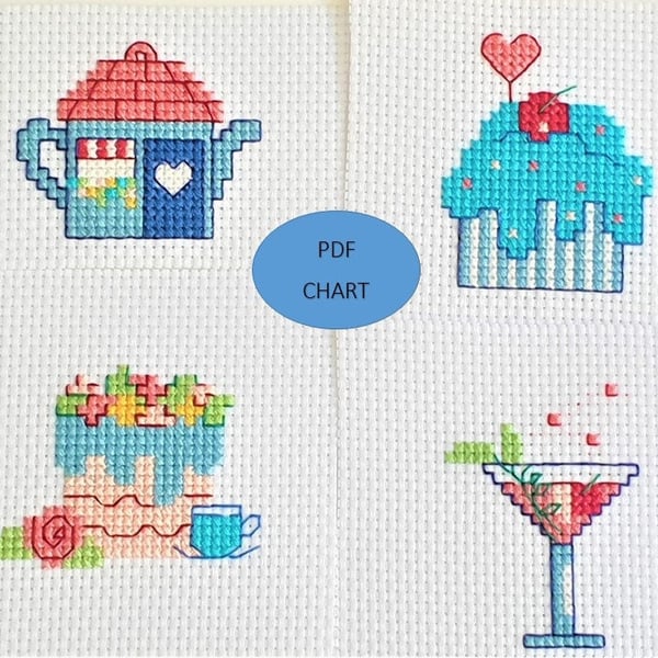 Cute Cake & Cocktail Mini cross stitch Designs set of 4 (PDF) charts
