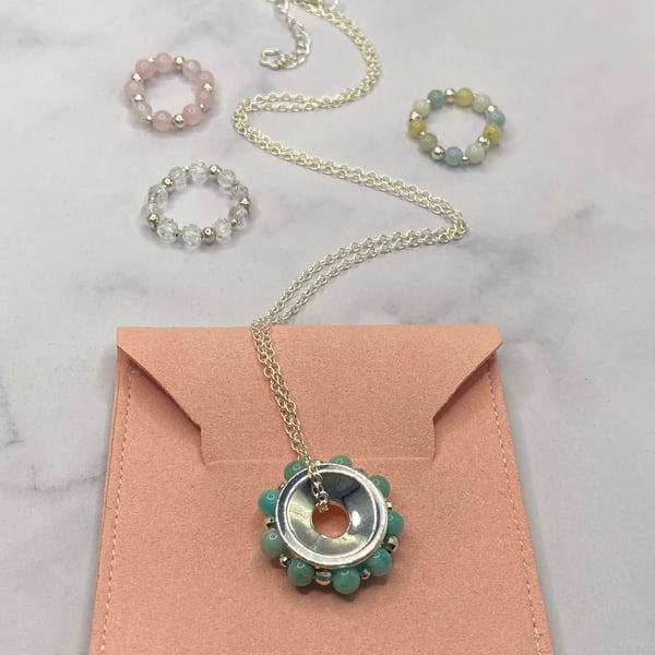 4 Looks in 1 silver plated pendant with rose quartz, aquamarine and amazonite