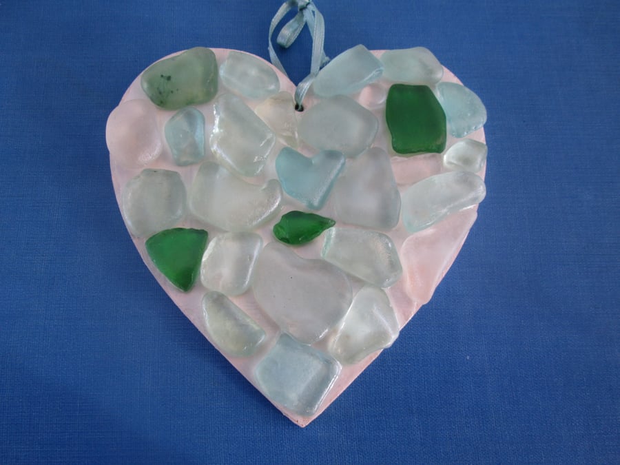 Heart shape decorative SEA GLASS art for hanging, great seaside coastal decor