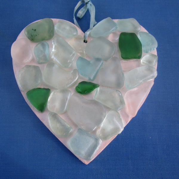 Heart shape decorative SEA GLASS art for hanging, great seaside coastal decor