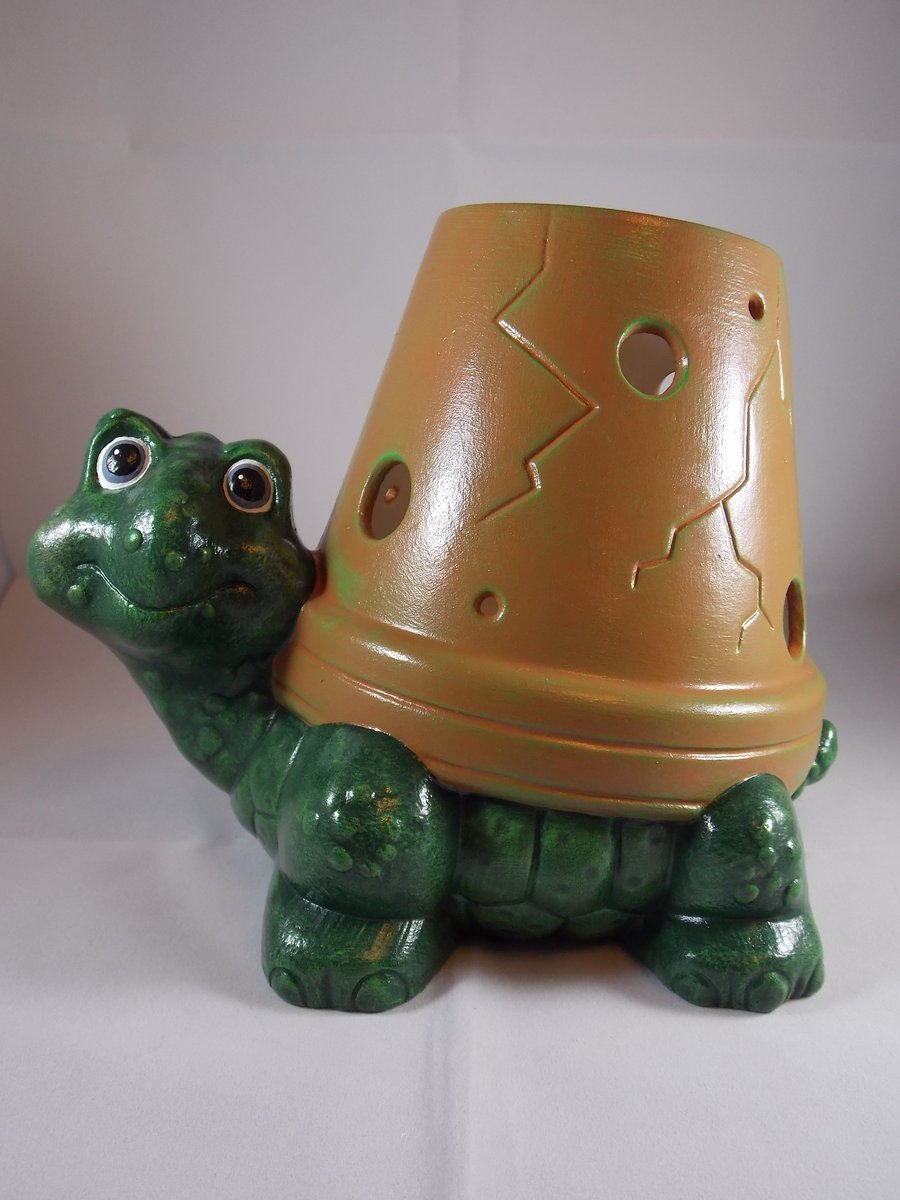 Ceramic Hand Painted Terracotta Flower Herb Plant Pot Green Turtle Tortoise.
