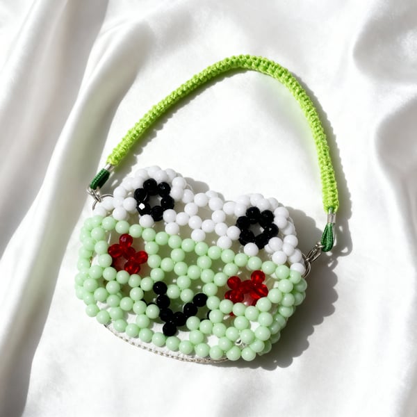 Handmade Beaded Keroppi Purse with Detachable Macrame Strap