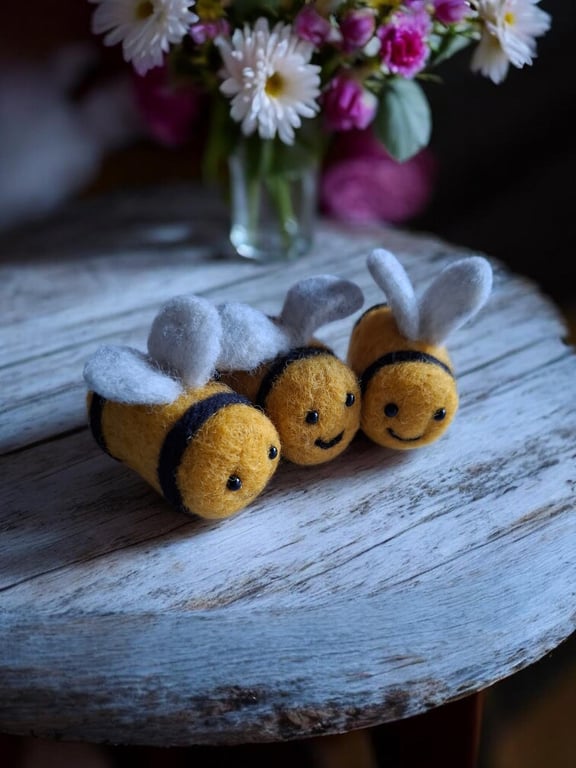 set of 3 handmade needle felted bee decoration