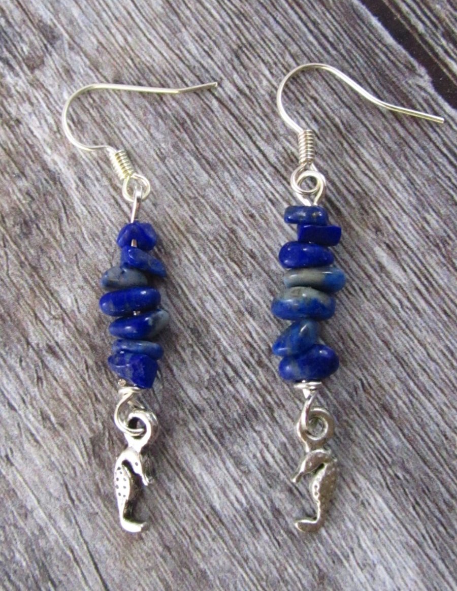 Blue Lapis Lazuli Seahorse Dangle Earrings