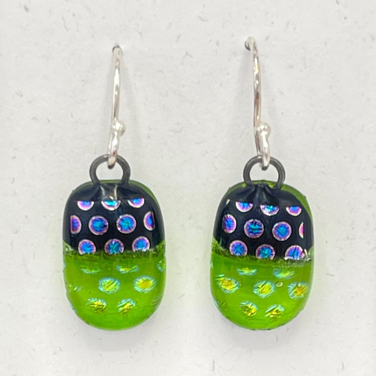 Spring Green Spotty Fused Glass Drop Earrings