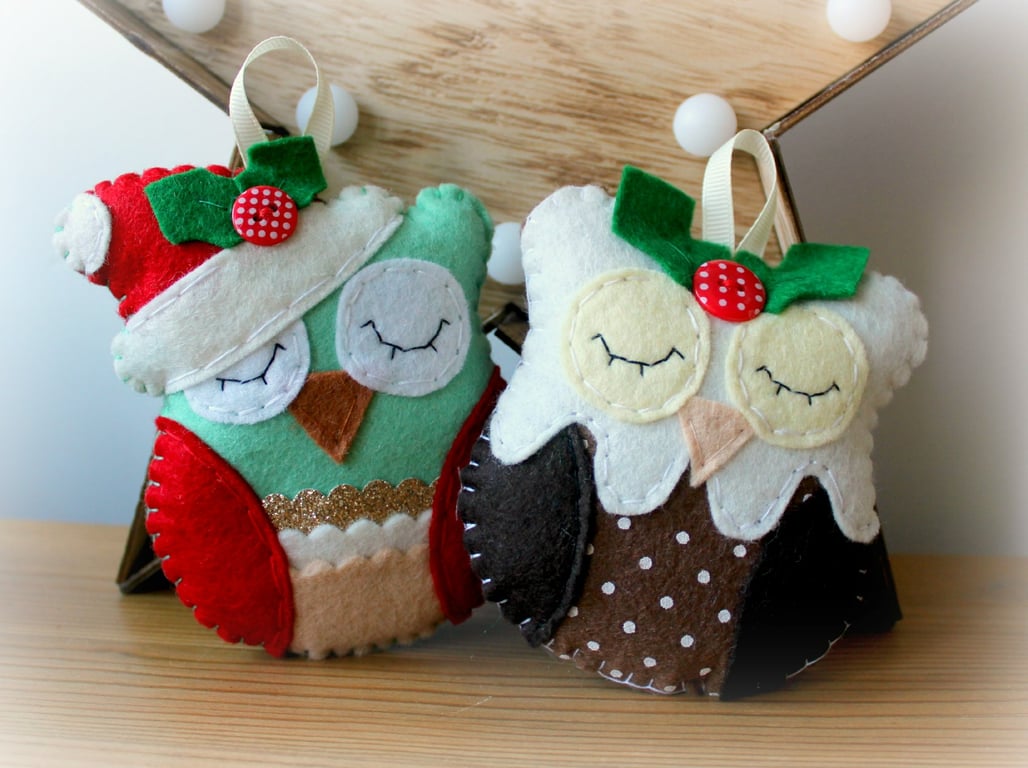 Make Your Own felt Christmas Owl decoration Kit. Sewing pattern for two designs
